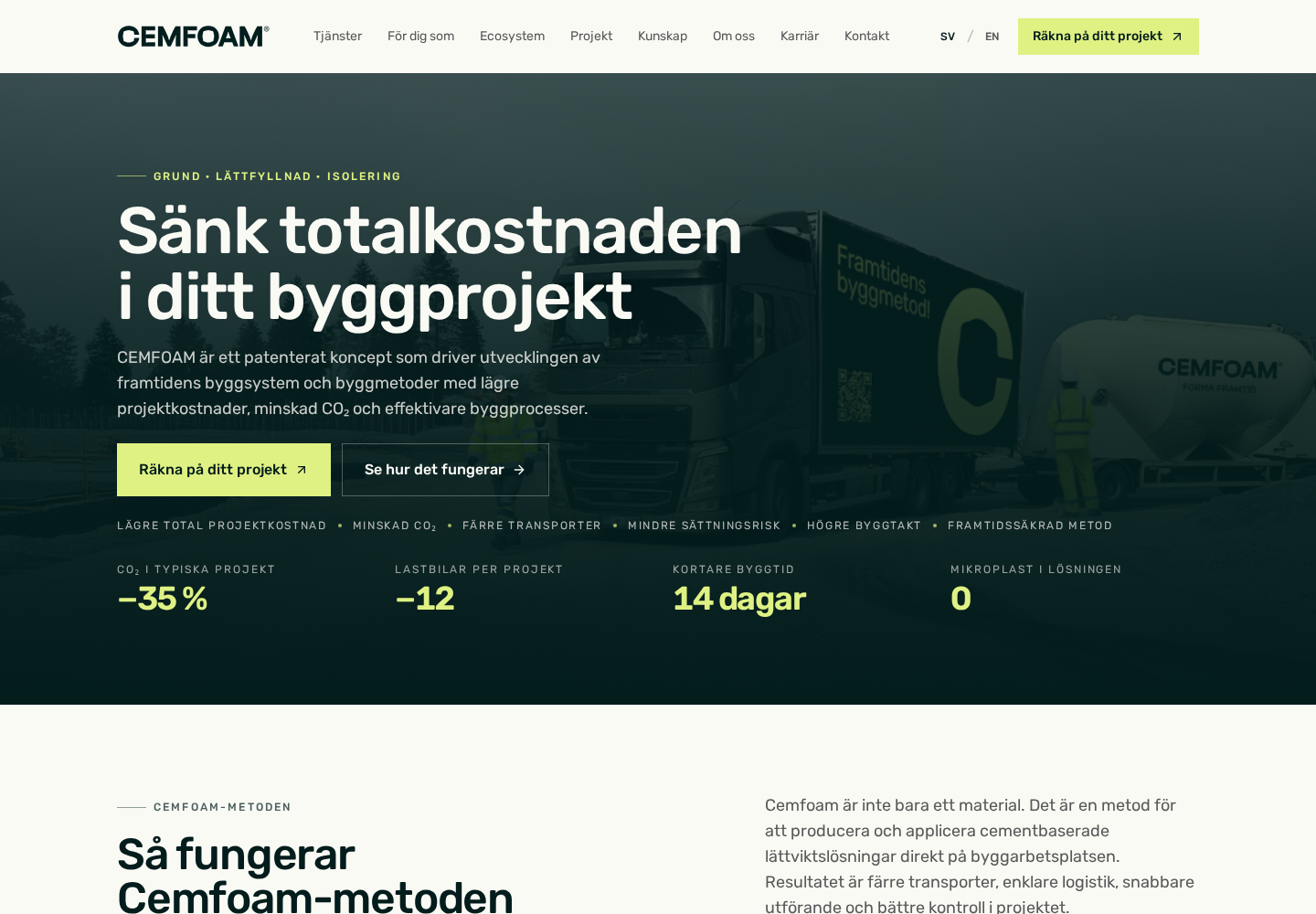 Startsidan för CEMFOAMs webbplats.